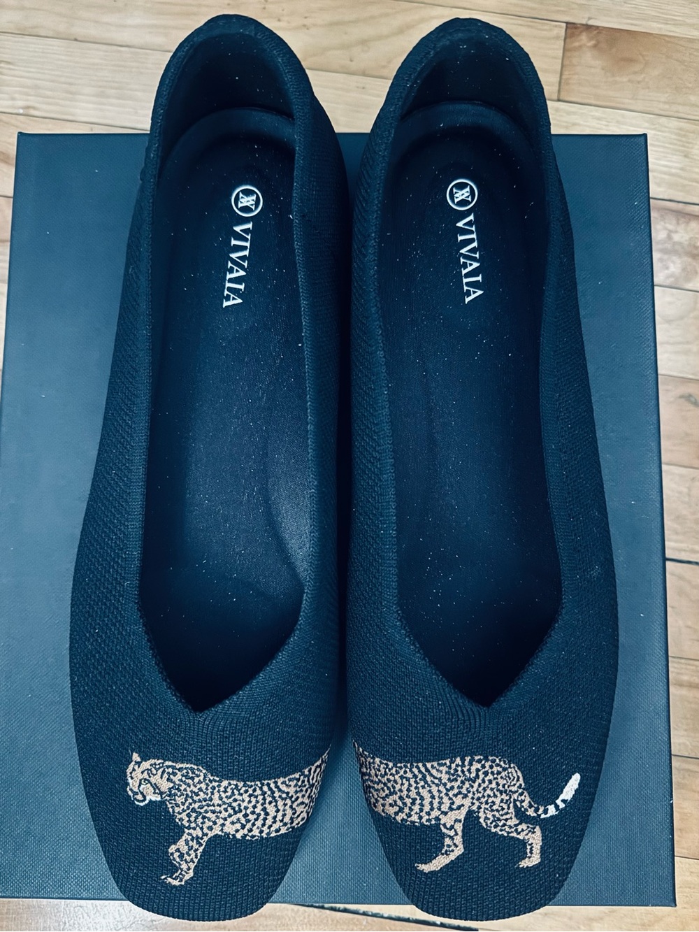 VIVAIA Women’s Black Knit Ballet Flats with Leopard Detail size 43 (11)